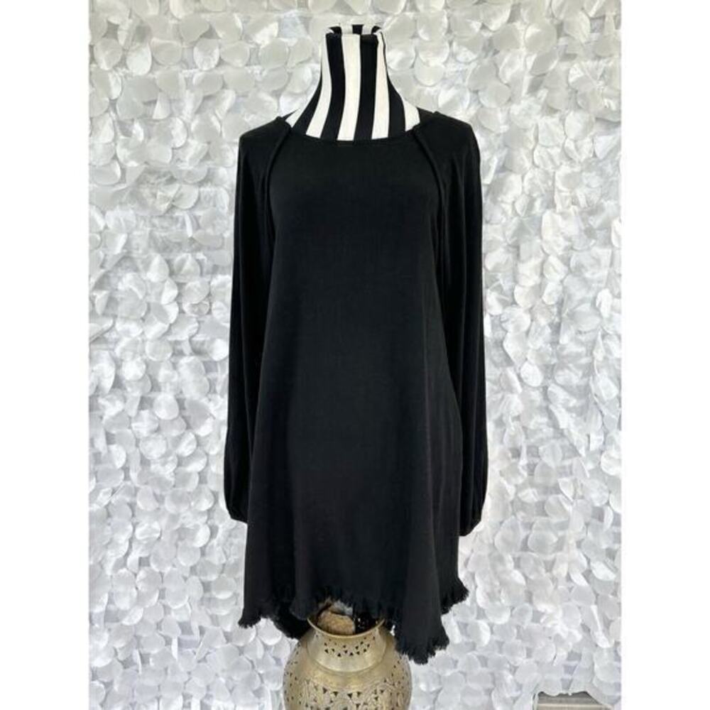 Umgee Small Black Thick Linen Dress Fringed Hi Low Hem Lagenlook Hippie USA
